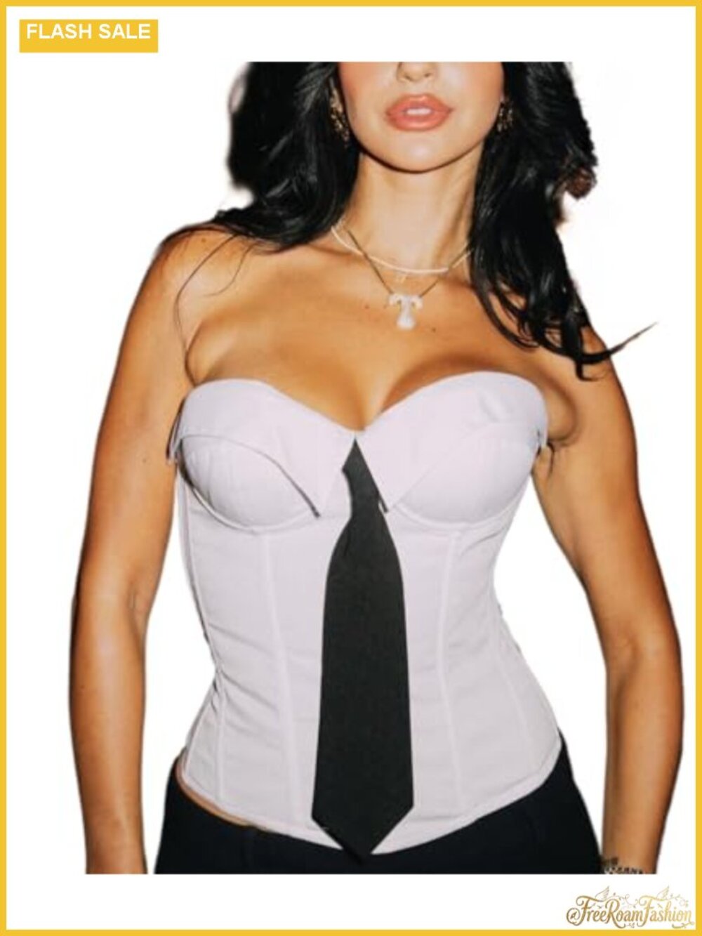 Strapless Corset Top Stretch Satin Tie Accent Body Hugging Slim Fit Bustier